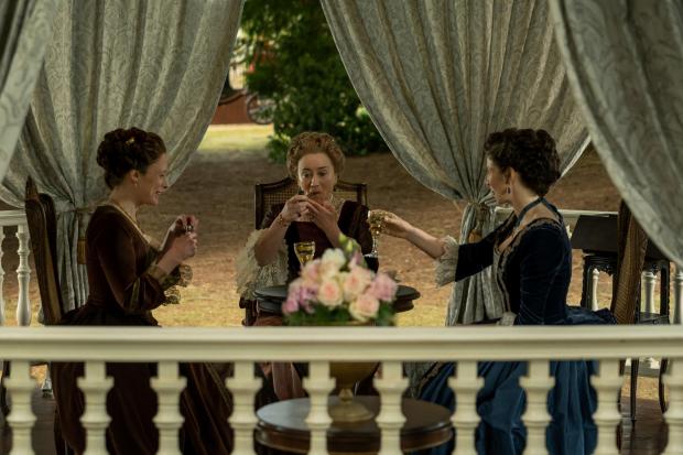 HeraldScotland: Shauna Macdonald (left) with Maria Doyle Kennedy (centre) and Caitriona Balfe (right) in Outlander series six. Picture: Robert Wilson/© 2021 Starz Entertainment