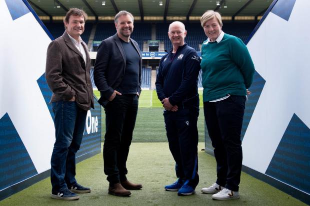 Former Scotland rugby captain Gordon Bulloch (far left) at Murrayfield Stadium where a new dementia prevention clinic is being set up for ex-players. He is joined by Professor Craig Ritchie, Dr James Robson (Scottish Rugby) and ex-player Jill McCord
