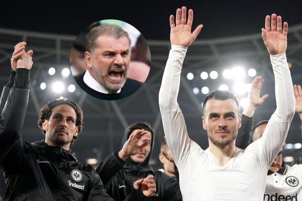 Eintrahct Frankfurt players celebrate their win over West Ham and, inset, Ange Postecoglou