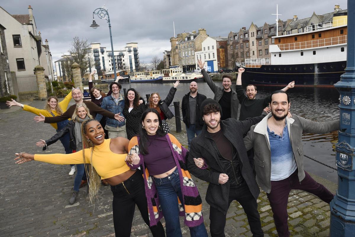 Sunshine On Leith cast announced on visit to Leith for inspiration ahead of the show coming to the King’s Theatre 7th - 18th June. Pictured - Rhine Drummond, Blythe Jandoo, Keith Jack, Connor Going in foreground. Picture: Greg Macvean
