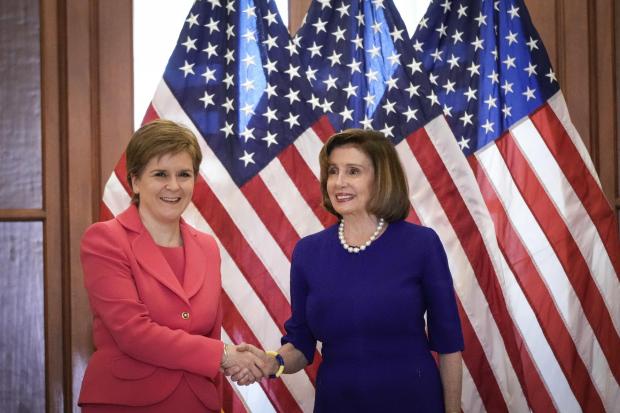 First Minister Nicola Sturgeon and Speaker of the House Nancy Pelosi (D-CA) shake hands before their meeting at the U.S. Capitol on May 16, 2022 in Washington, DC. (Photo by Drew Angerer/Getty Images).