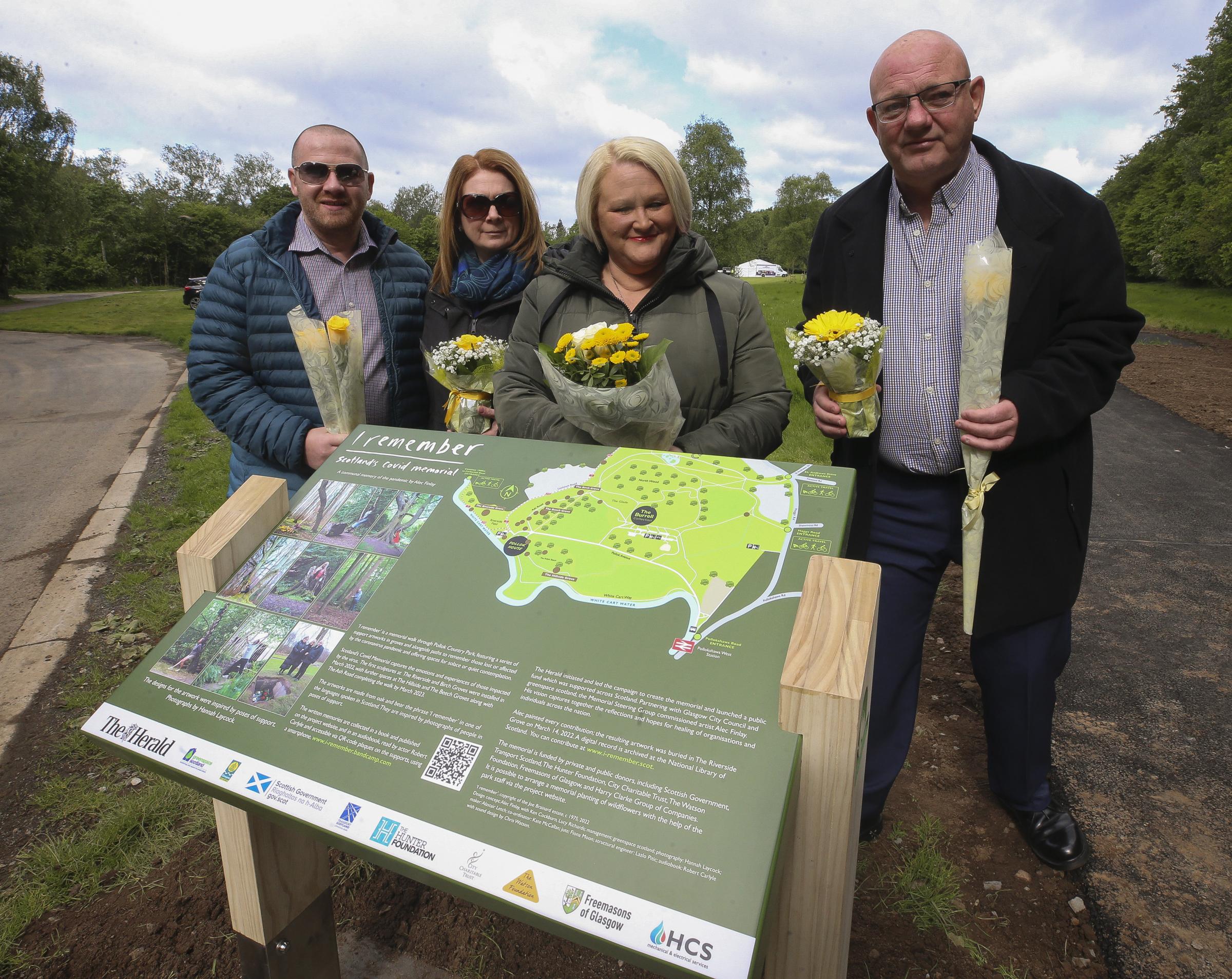 Families affected by Covid at the opening of the Covid Memorial in Pollok Country Park. From left, Malcolm and Karen Macpherson Mandy Macpherson and Adam Mathieson. Photo by Gordon Terris.
