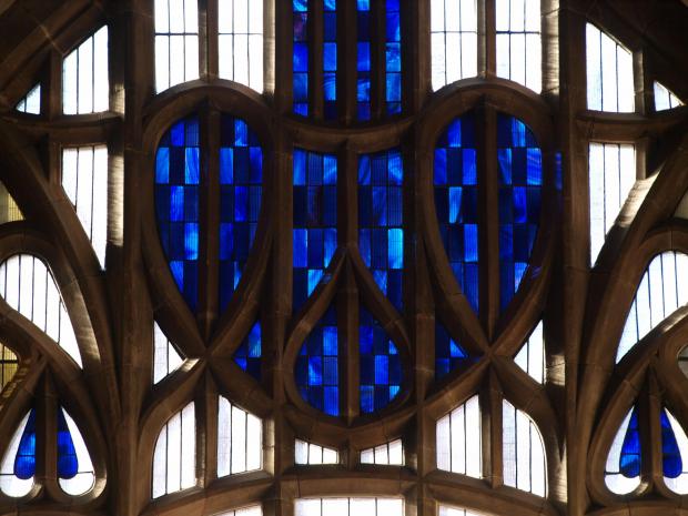 HeraldScotland: Mackintosh designed blue heart stained glass at Queen's Cross Church. Picture credit: Stuart Robertson.