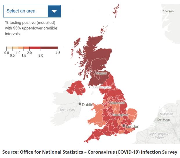 HeraldScotland: An estimated one in 30 people in Scotland had Covid in the most recent weekly surveillance compared to one in 50 in England (Source: Office for National Statistics)
