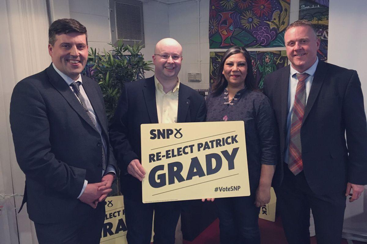 L to R: SNP MSP Jamie Hepburn, MP Patrick Grady, MSP Kaukab Stewart, MSP Bob Doris