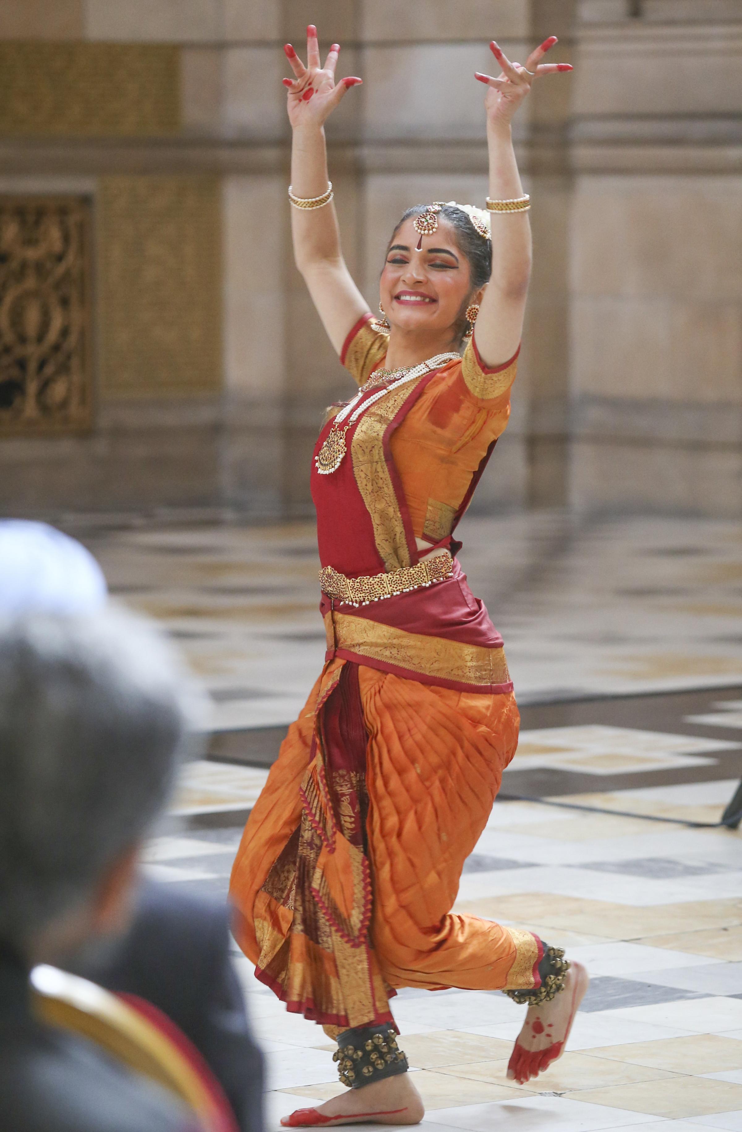 Dancer Panchami Chandukudlu at a signing ceremony at Kelvingrove Art Gallery in Glasgow to mark the return of seven Indian antiquities from the city collection. Photo by Gordon Terris.