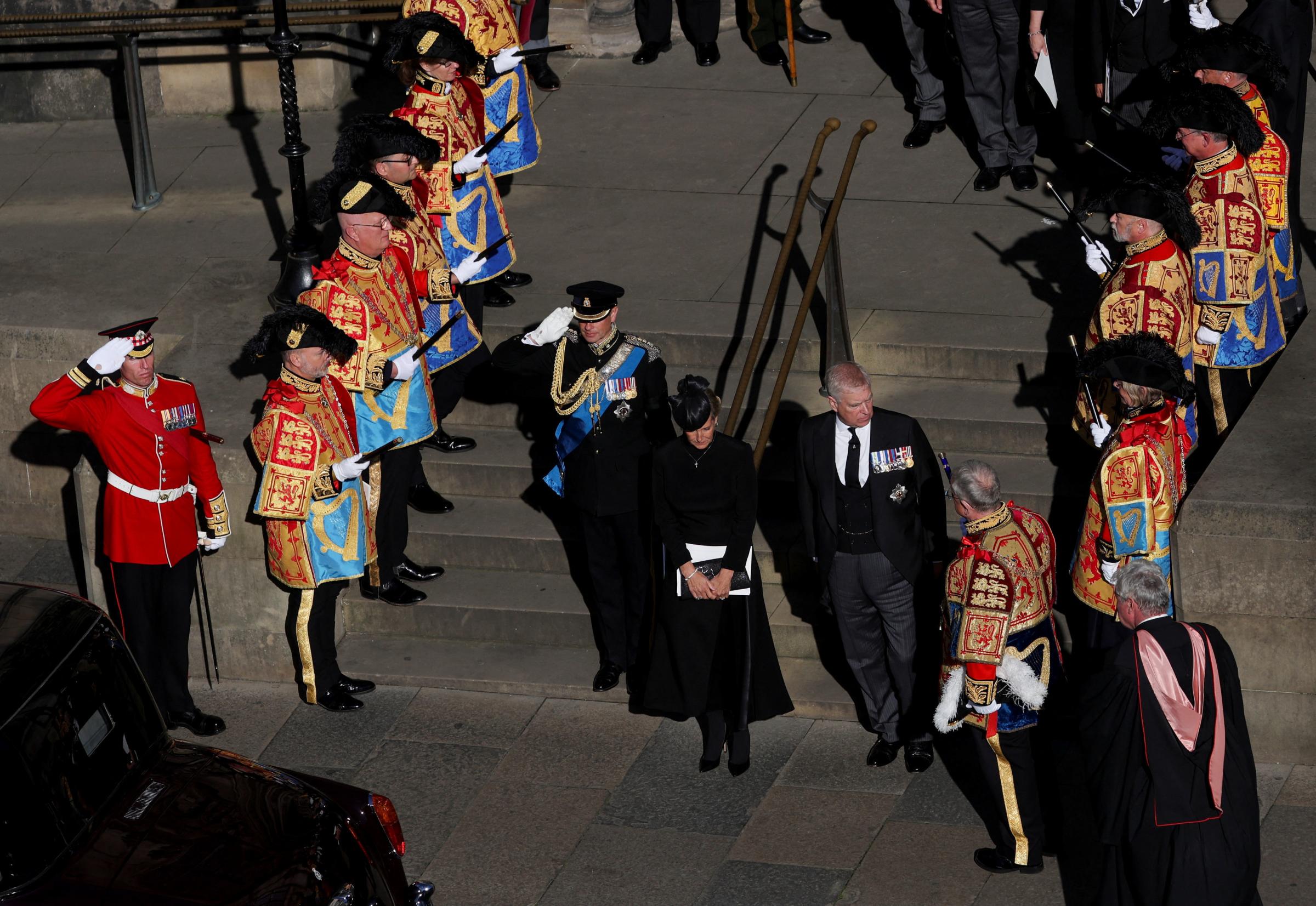 The Earl and Countess of Wessex and the Duke of York leave St Giles Cathedral, Edinburgh, following a Service of Prayer and Reflection for her life. Photo credit: Russell Cheyne/PA Wire.