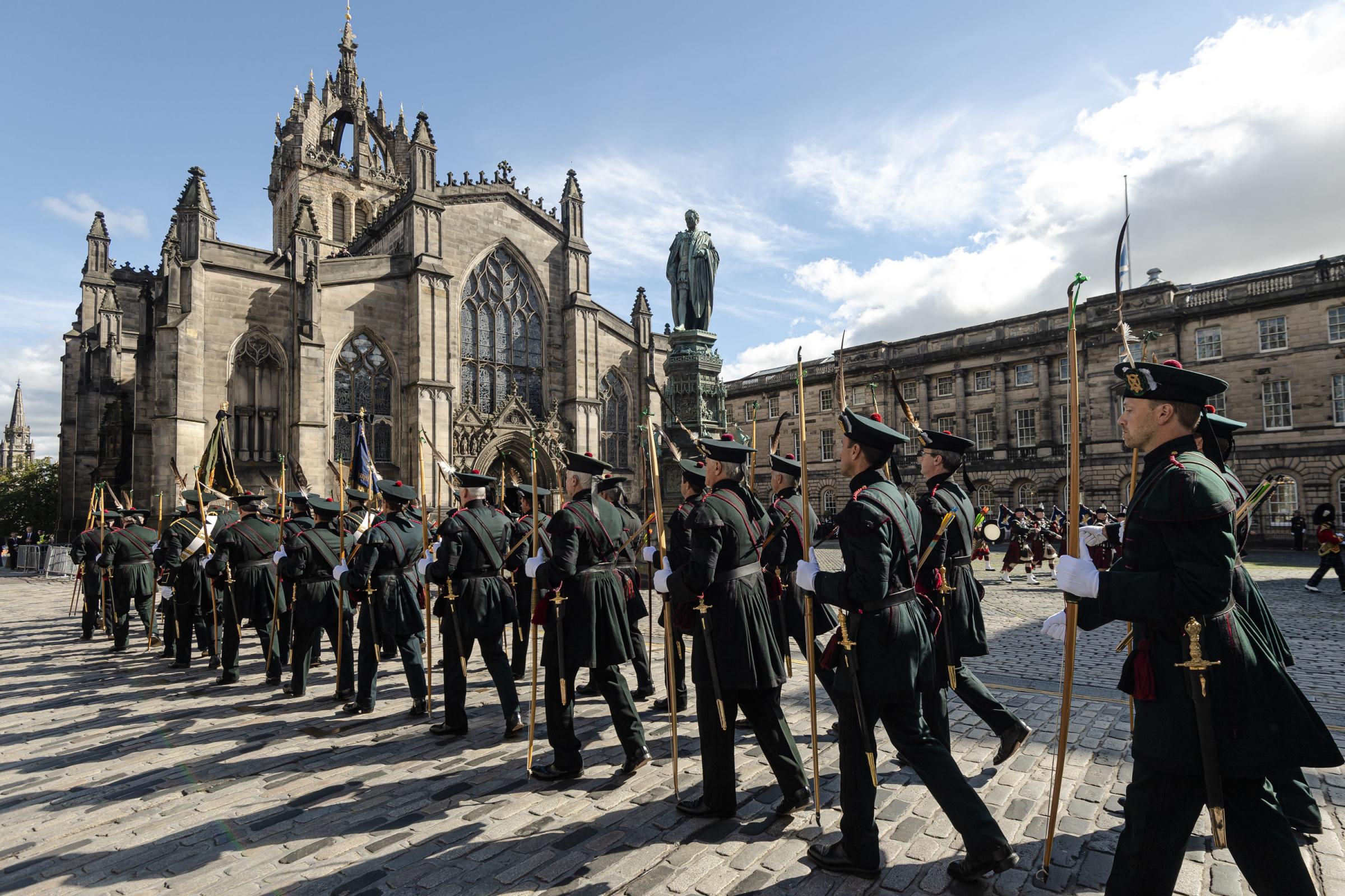 Royal Archers at St Giles Cathedral for a Service of Prayer and Reflection for Queen Elizabeths life. Photo: Euan Cherry/Daily Mail/PA Wire..