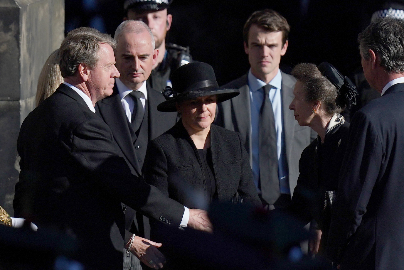 Scottish Secretary Alister Jack and First Minister of Scotland Nicola Sturgeon with the Princess Royal before the coffin of Queen Elizabeth was taken by hearse from St Giles Cathedral, Edinburgh, for Edinburgh Airport. Photo credit: Jacob King/PA Wire 