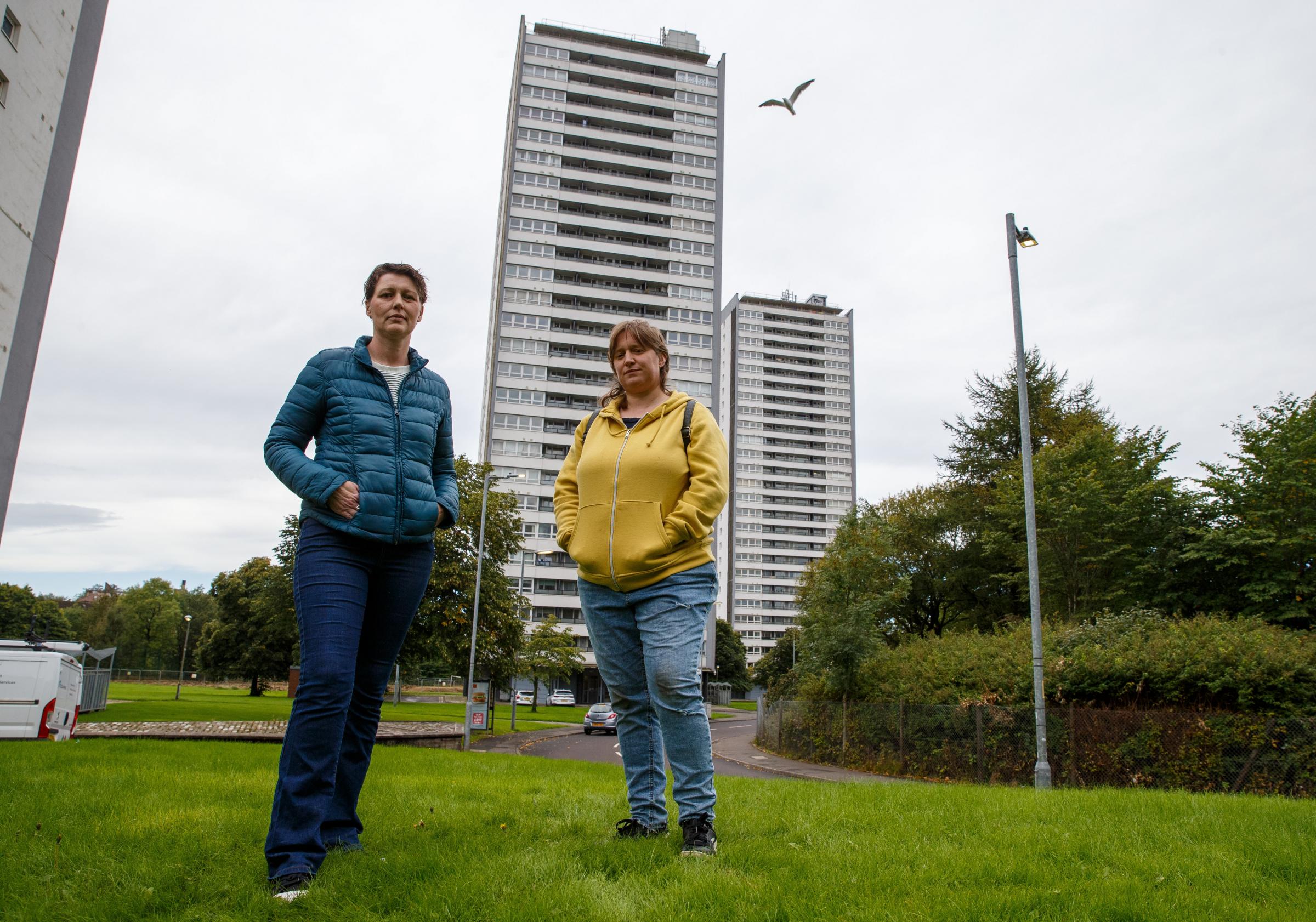  Caz Rae, left and Ellenor Hutson, at right, both with the Wyndford Residents Association. Four tower blocks in the Wyndford are earmarked for demolition. Photograph by Colin Mearns.