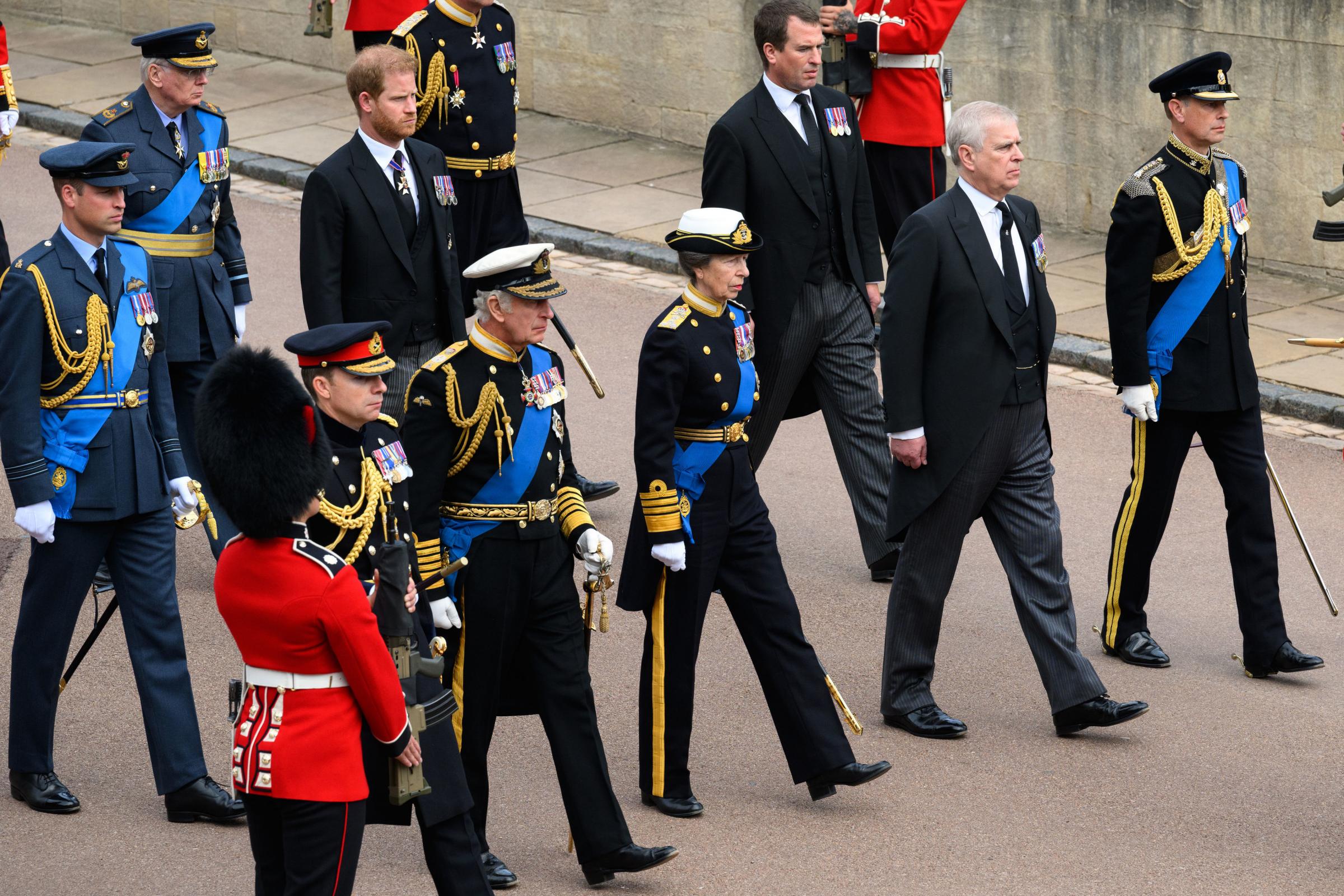 King Charles III, the Princess Royal, the Duke of York, the Earl of Wessex, the Prince of Wales, the Duke of Sussex, Peter Phillips and the Duke of Gloucester follow the coffin of Queen Elizabeth as it arrives at Windsor Castle for the Committal Service