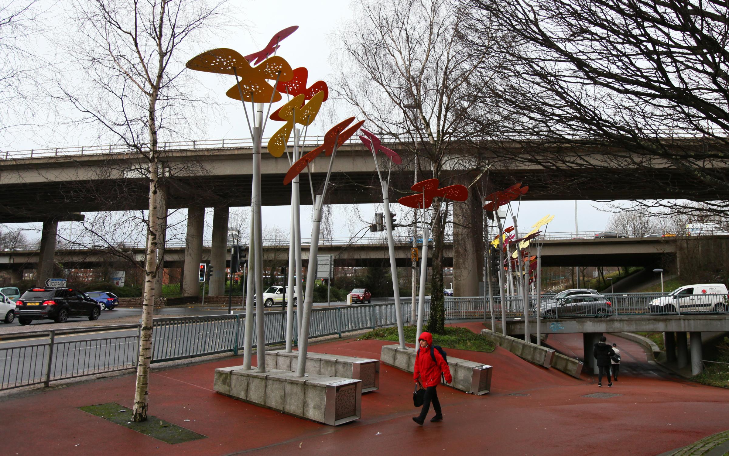 Flower sculptures at underpass on Garscube Road, Cowcaddens.