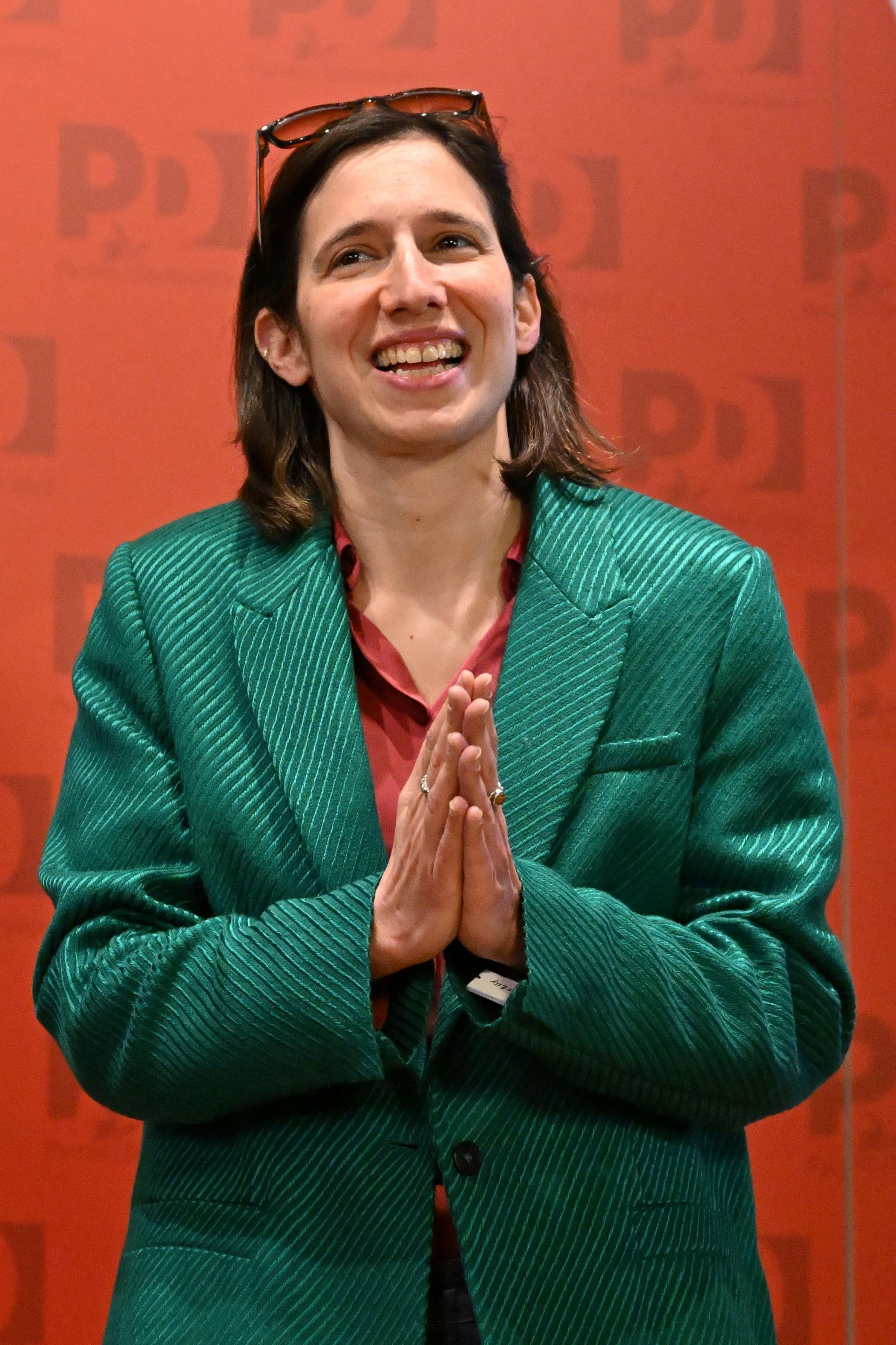Elly Schlein, newly-elected leader of Italys centre-left Partito Democratico (PD) party, gestures during a handover ceremony and before a statement on February 27, 2023 in Rome. - Italys Democratic Party elected its first woman leader at the weekend,