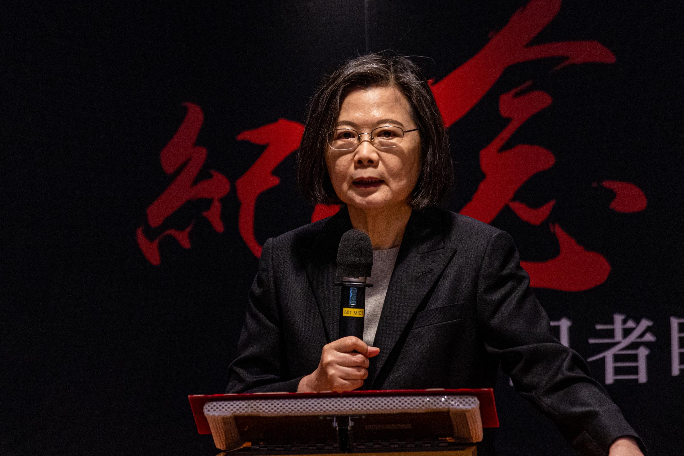TAIPEI, TAIWAN - MARCH 27: Taiwans President Tsai Ing-wen gives a speech at a memorial event for the late Prime Minister of Japan, Shinzo Abe, on March 27, 2023 in Taipei, Taiwan. Taiwans President Tsai Ing-wen will visit the U.S., as President Biden
