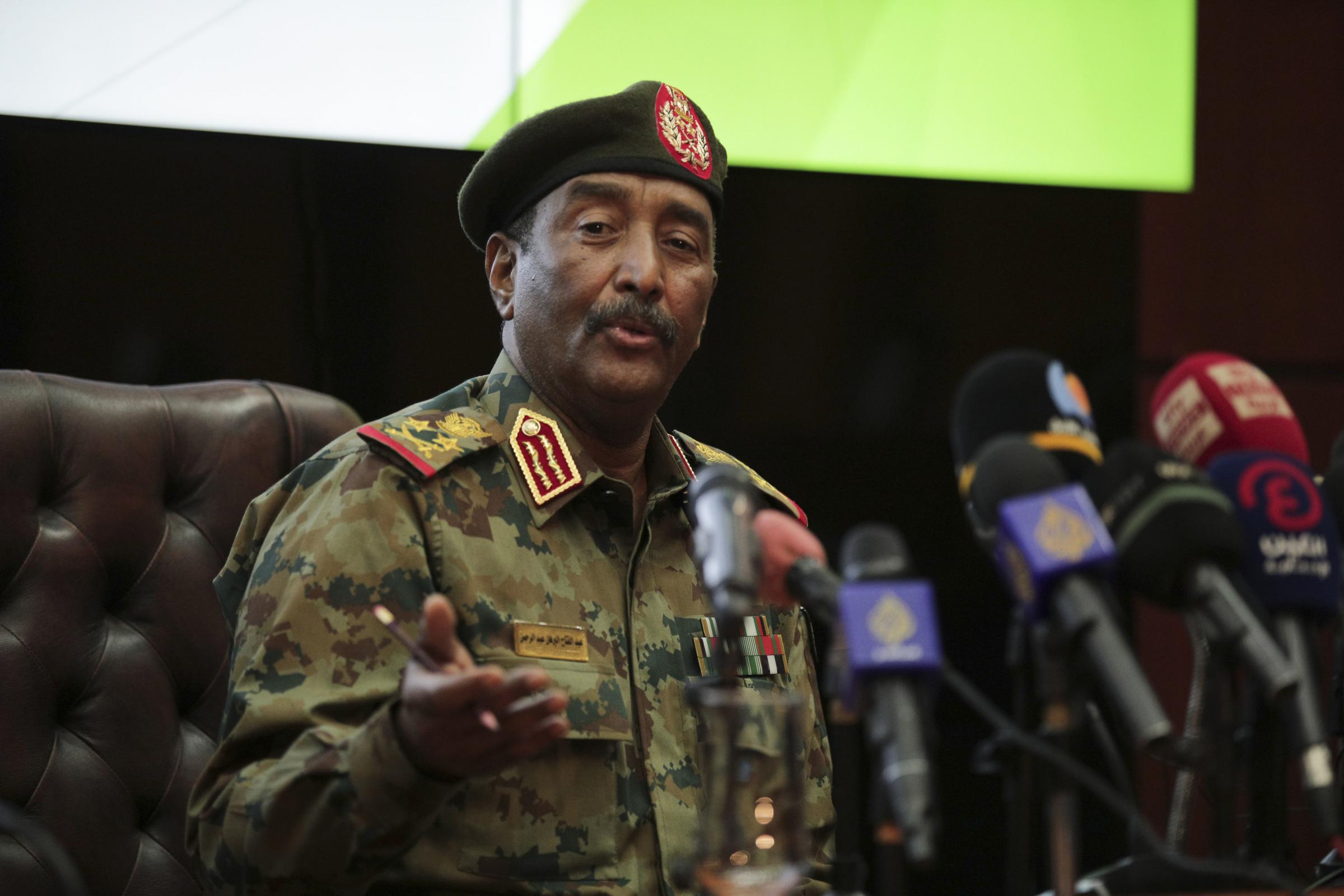 Sudans head of the military, Gen. Abdel-Fattah Burhan,peaks during a press conference at the General Command of the Armed Forces in Khartoum, Sudan, Tuesday, Oct. 26, 2021. Burhan said that some members of the government he dissolved in a coup could