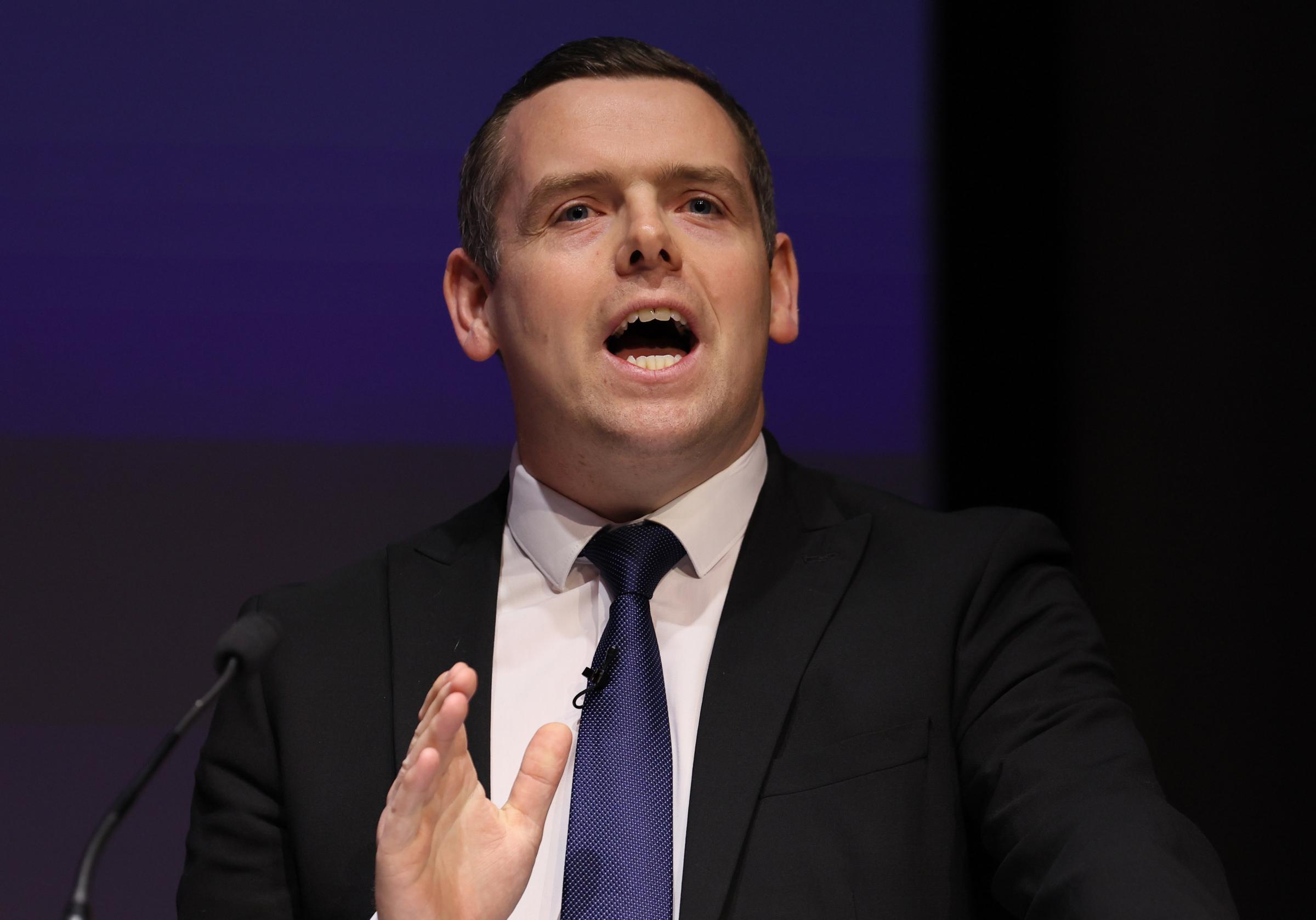 Scottish Conservative Conference at the SEC, Glasgow, Friday. Scottish Conservative party leader Douglas Ross MSP giving his keynote address. Photograph by Colin Mearns 28 April 2023