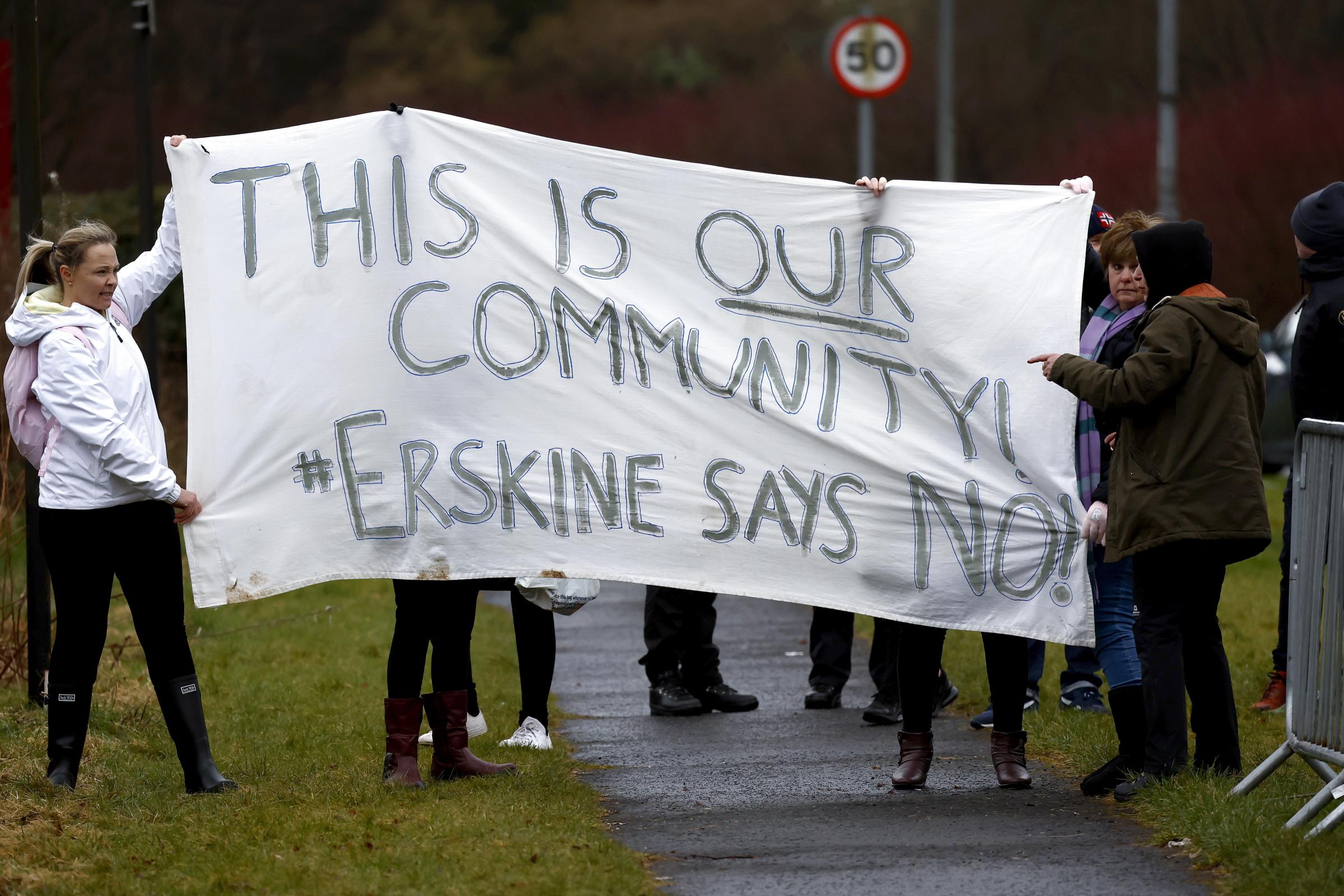 ERSKINE, SCOTLAND - MARCH 12: Members of the Patriotic Alternative protest outside the Muthu Glasgow Hotel which is housing refugees on March 12, 2023 in Erskine, Scotland. The Home Office and MEARS have placed detained asylum seekers in the Muthu