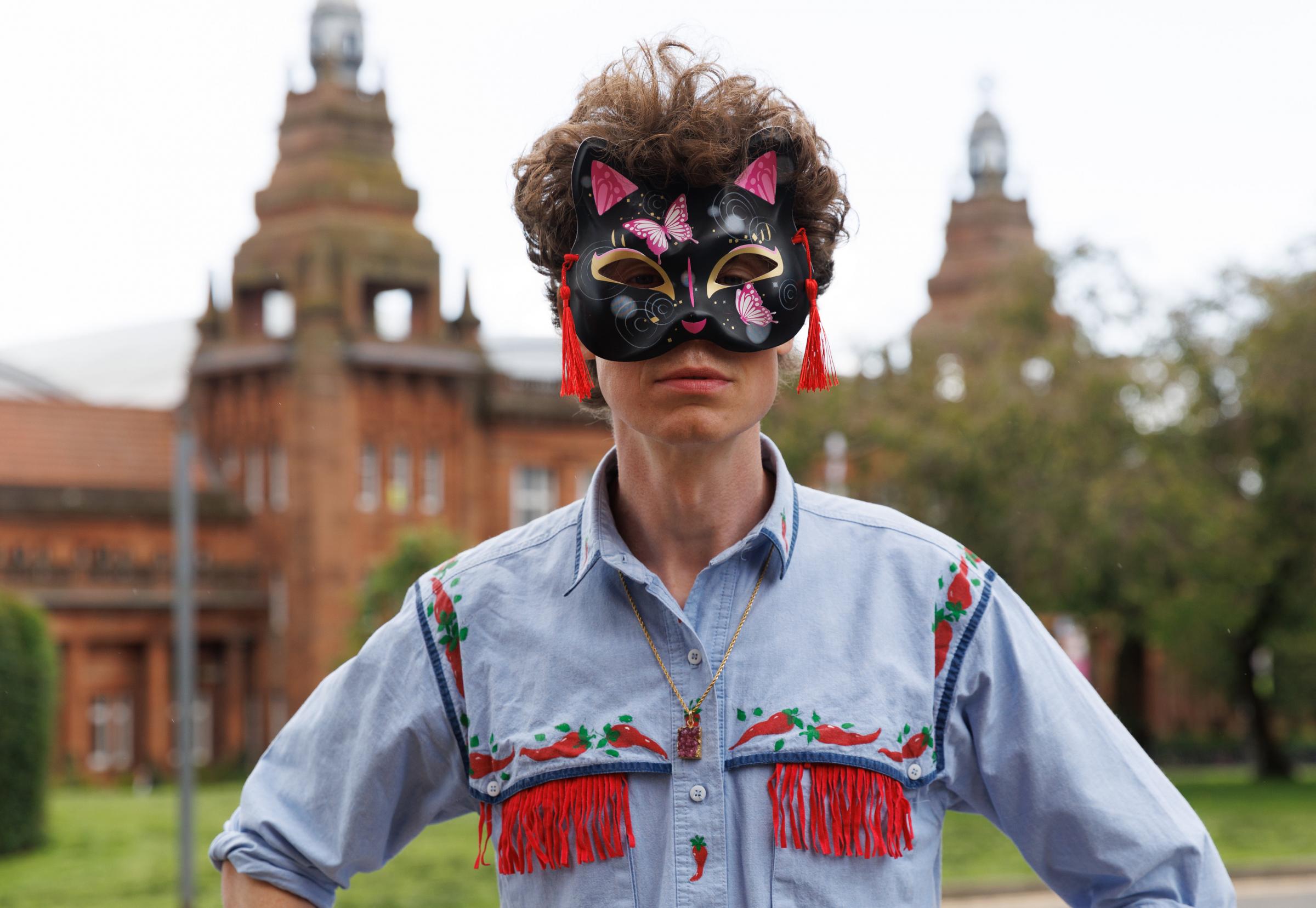 The writer Michael Pedersen pictured in Glasgow with a cat mask. Michaels collection of poems, The Cat Prince has just been published. The title poem from the his new collection of poems, The Cat Prince is about metamorphosing into a cat. Michael