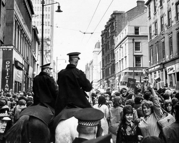 The Herald: Mounted police in West Nile Street try to control the crowd of Beatles fans who have gathered for the concert at the Odeon cinema in Renfield Street, Glasgow, in October 1964 The Herald: Mounted police in West Nile Street try to control the crowd of Beatles fans who have gathered for the concert at the Odeon cinema in Renfield Street, Glasgow, in October 1964