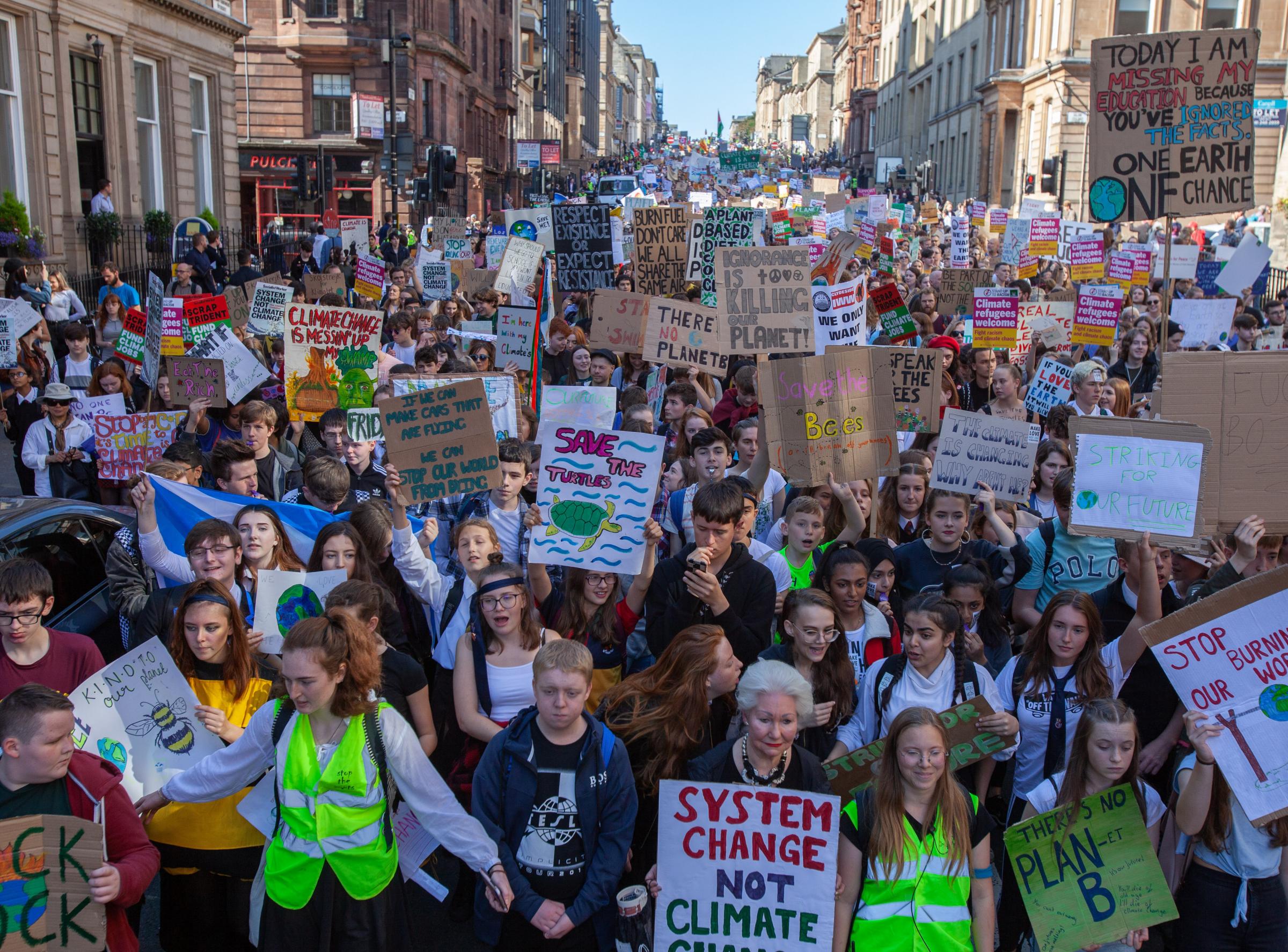 Climate Strike march, Glasgow. Pictured are marchers on West George Street on their way to George Square... Photograph by Colin Mearns.20 September 2019..