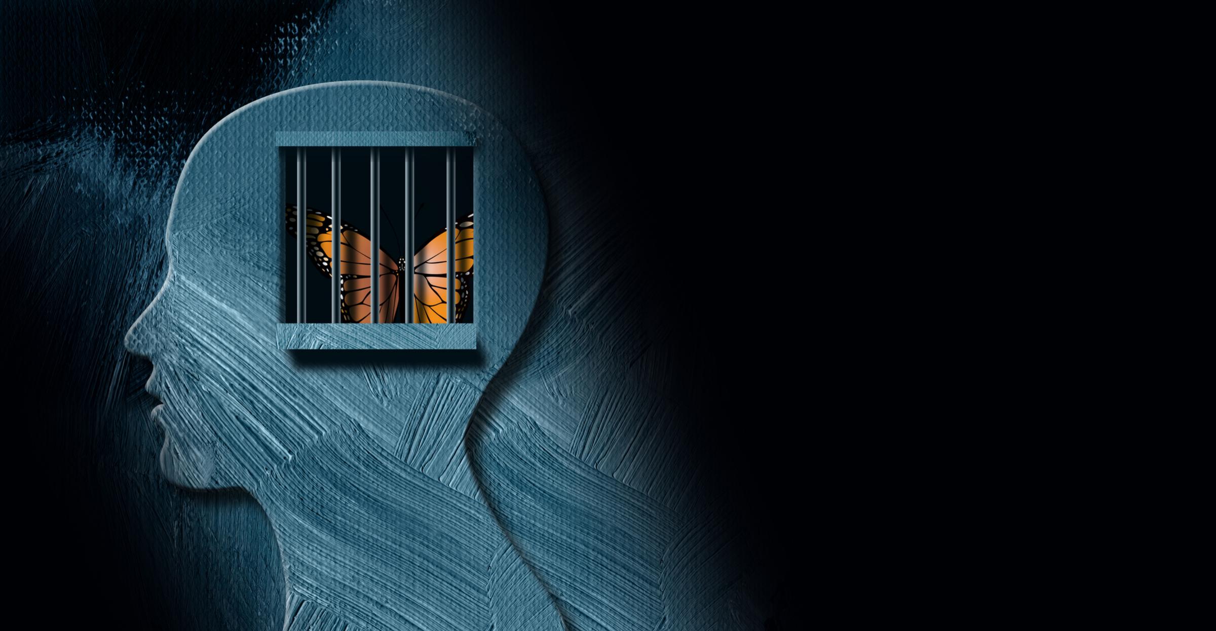 Graphic abstract design of concept of being emotionally or mentally challenged. Strong, dramatic image of iconic butterfly trapped behind prison bars.