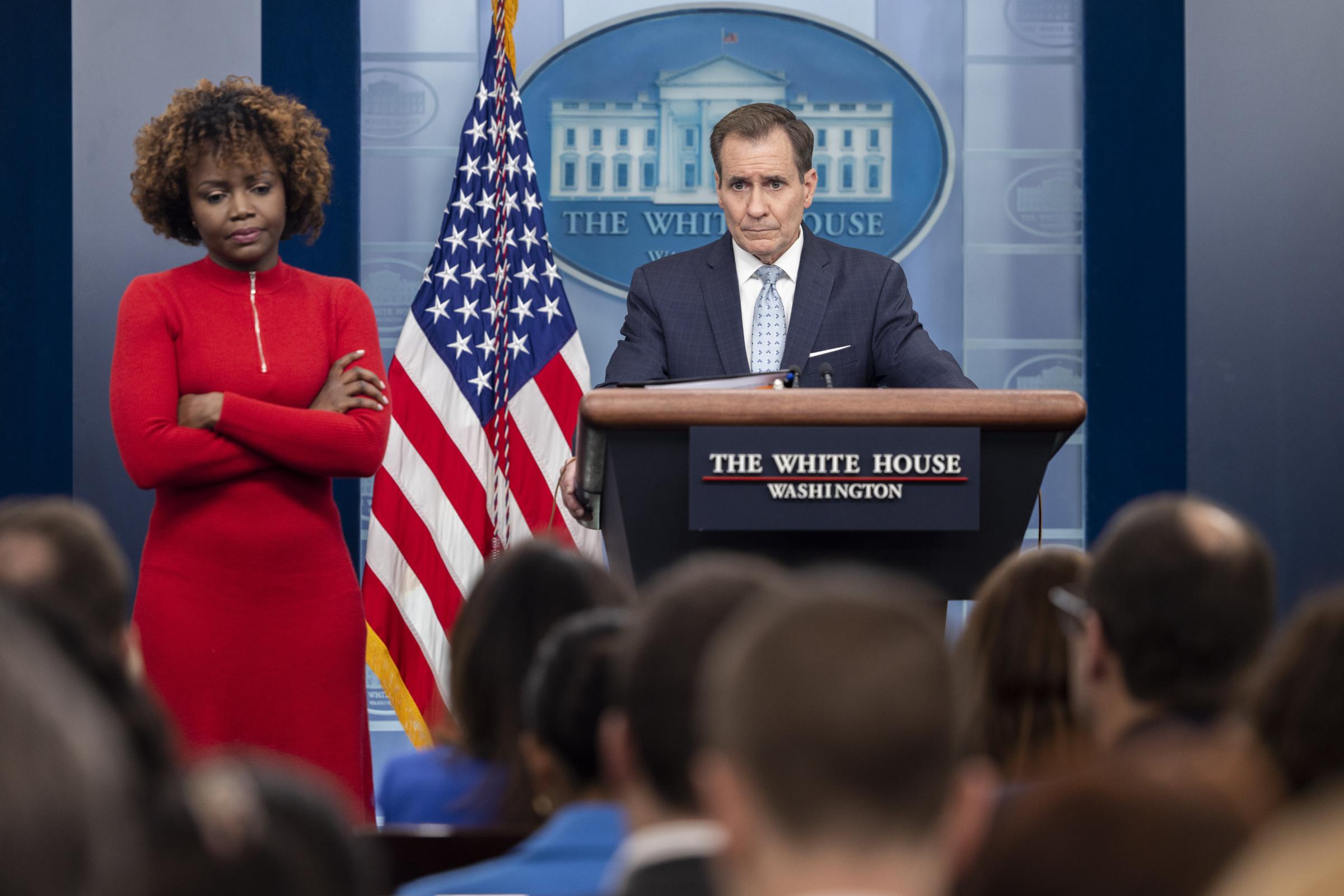 WASHINGTON, DC UNITED STATES- FEBRUARY 13:National Security Council Coordinator Admiral John Kirby speaks at a White House Press Briefing following the U.S. downing of a number of Unidentified Aerial Phenomenas (UAPs), at the White House on February