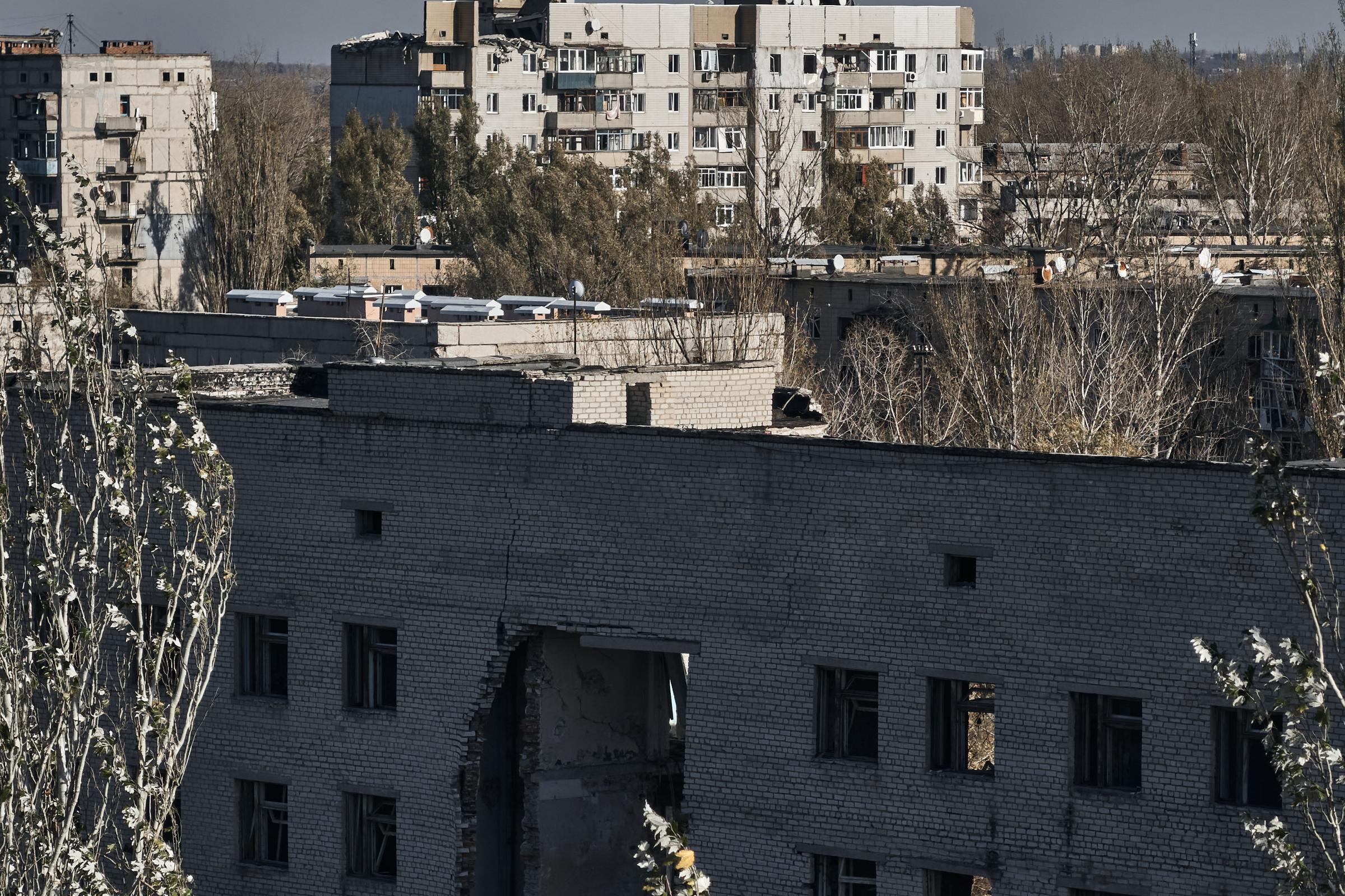 AVDIIVKA, UKRAINE - OCTOBER 30: A view of a destroyed building on October 30, 2023 in Avdiivka, Ukraine. The National Police of Ukraine, along with the White Angel special unit, is conducting an operation to evacuate the remaining local residents