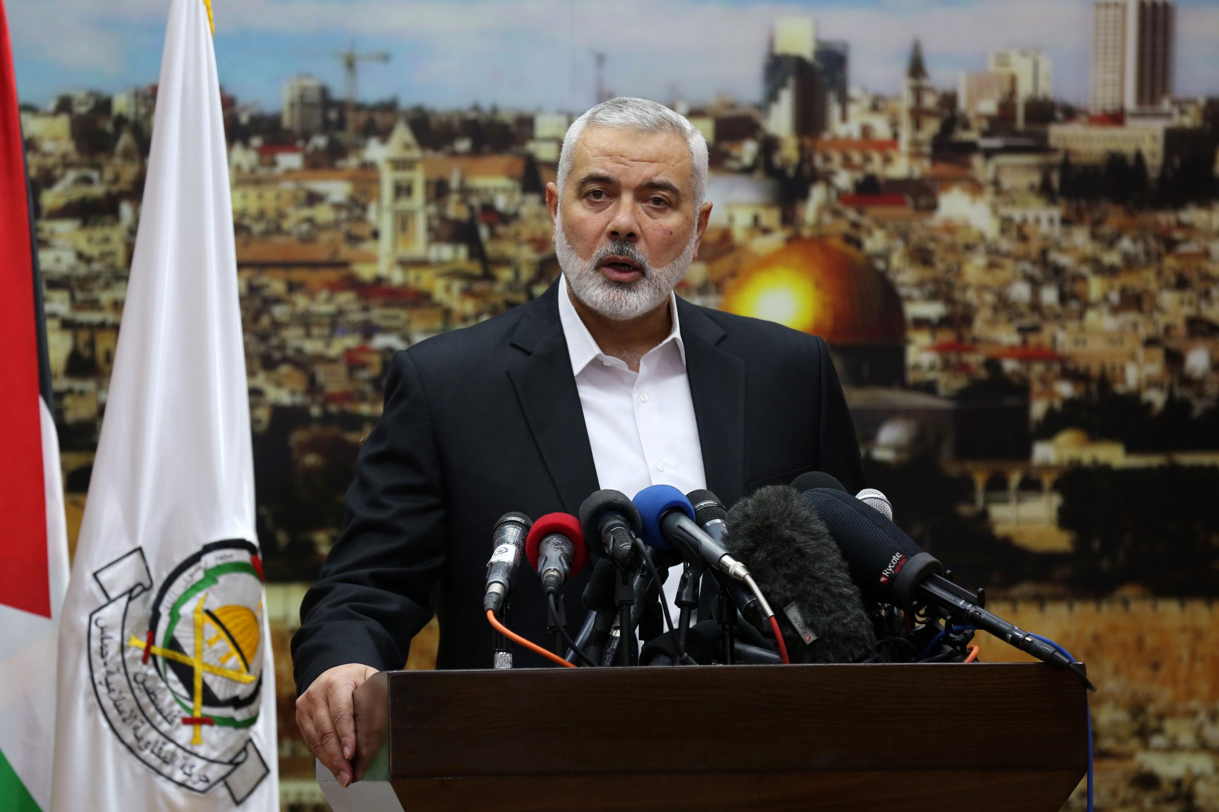 Hamas leader Ismail Haniya gestures as he delivers a speech over US President Donald Trumps decision to recognise Jerusalem as the capital of Israel, in Gaza City on December 7, 2017. Haniya called for a new Palestinian intifada, or uprising. This