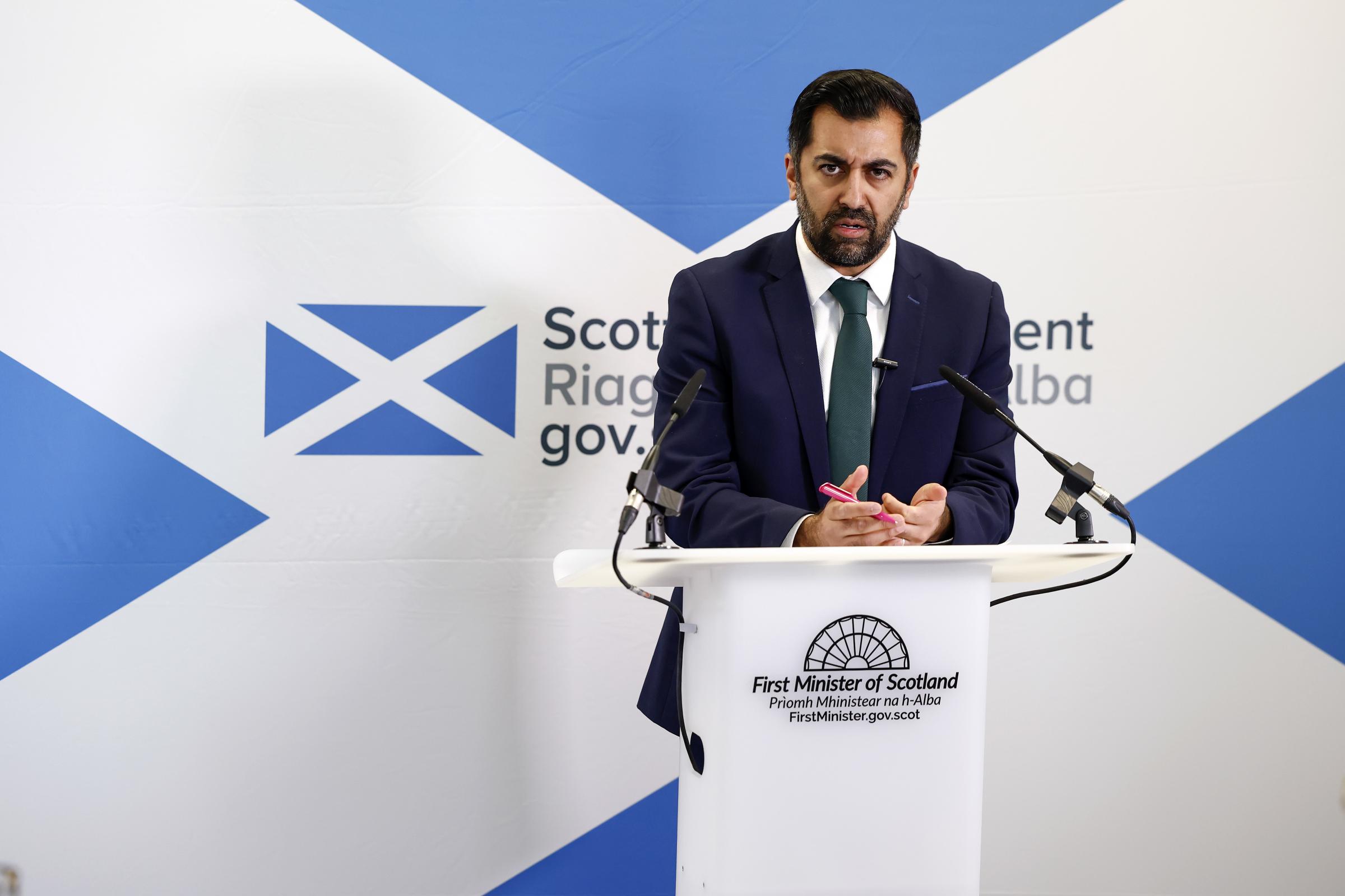 EDINBURGH, SCOTLAND - FEBRUARY 28: First Minister Humza Yousaf holds a press conference at Drum Brae Library Hub on February 28, 2024 in Edinburgh, Scotland. The press conference addresses the Scottish Governments latest poverty modeling data. (Photo