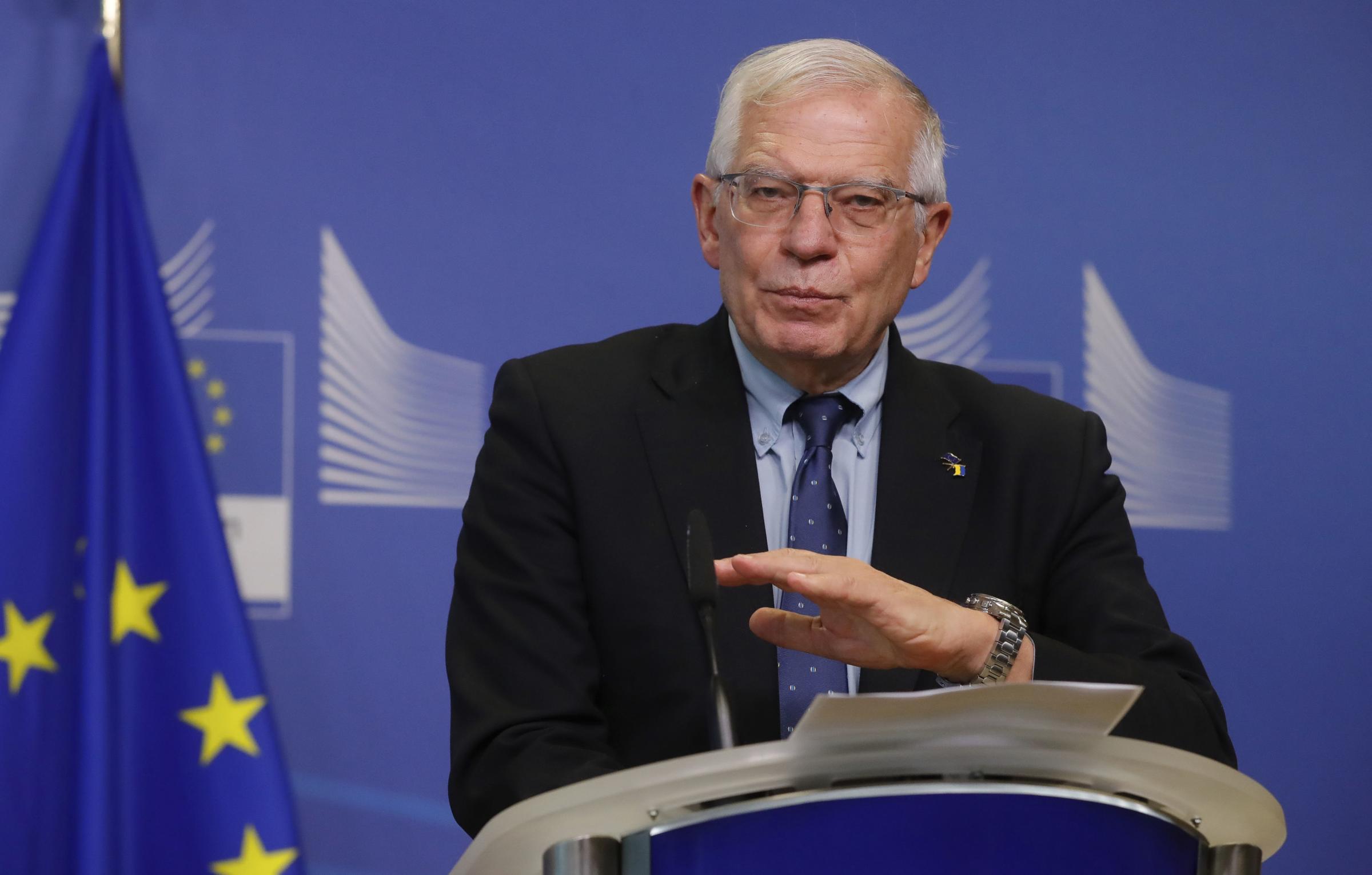 European Union foreign policy chief Josep Borrell delivers a press statement at EU headquarters in Brussels, Sunday, Feb. 27, 2022. The European Unions top diplomat is proposing to begin using EU money to buy weapons, ammunition and other support to