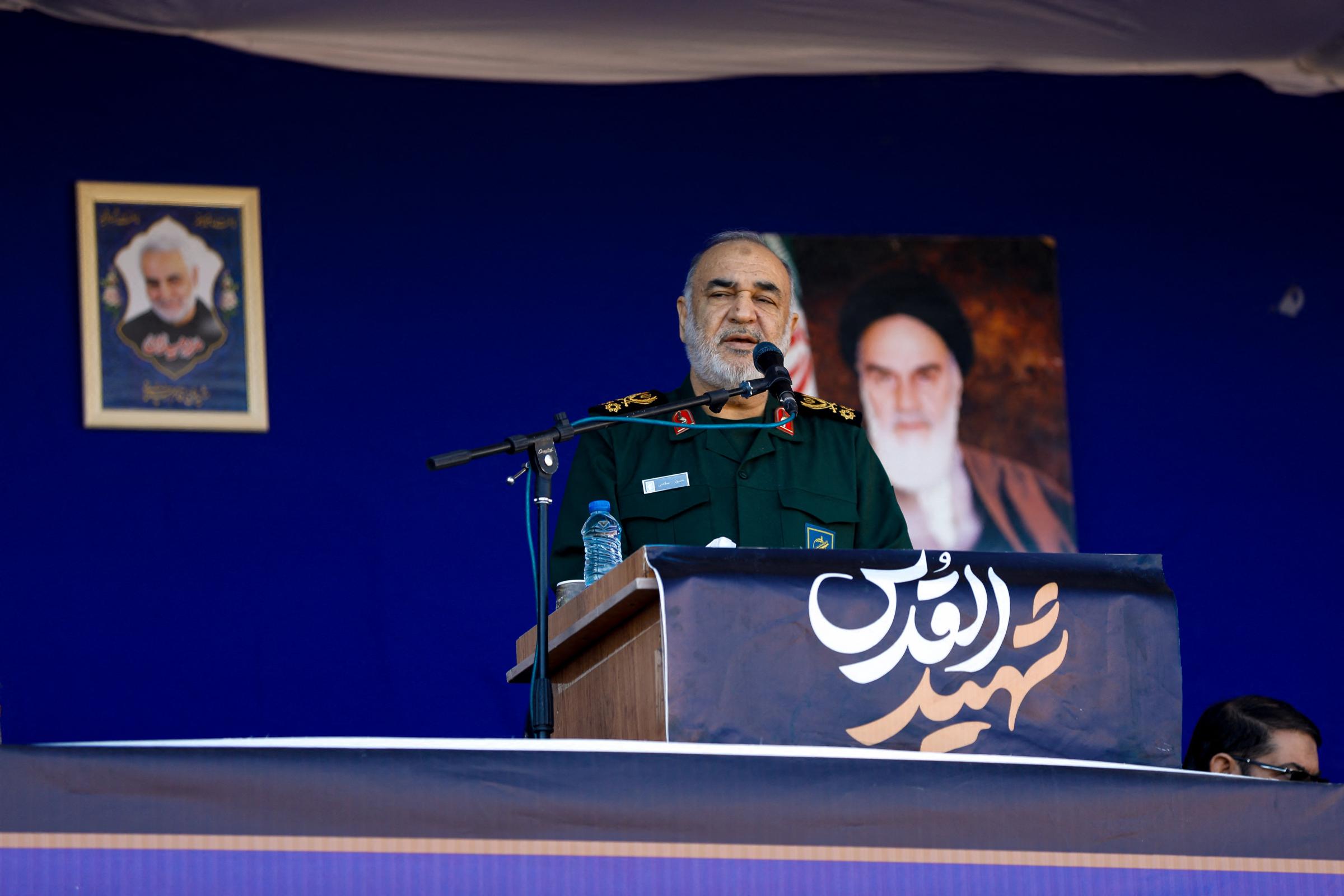 01/05/2024 Kerman, Iran. Hossein Salami, commander-in-chief of the Islamic Revolutionary Guard Corps delivers a speech during the funeral ceremony of yesterdays explosion on January 5, 2024, in Kerman, Iran. .Thousands of people participate in a