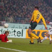 Chris Sutton scores against Stuttgart in the last 16 of the 2003 UEFA Cup
