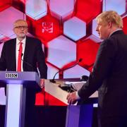 For use in UK, Ireland or Benelux countries only .Undated BBC handout photo of Prime Minister Boris Johnson (right) and Labour leader Jeremy Corbyn going head to head in the BBC Election Debate in Maidstone, while on the election campaign trail. PA