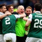 Conrad Logan celebrates with his team-mates during the 2016 Scottish Cup semi-final against Dundee United