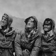 Edmund Hillary (left) and Sherpa Tenzing Norgay (right), with expedition leader Colonel John Hunt (centre) in Katmandu, Nepal, after successful ascent of Everest