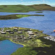 A visualisation of the proposed Hydrogen Hub for Flotta Island in Orkney. The hub is to be located on the site of the Oil and Gas facility that currently exists on Flotta.