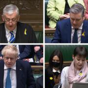 Clockwise from top left: Speaker Lindsay Hoyle, Labour leader Keir Starmer, Prime Minister Boris Johnson and Green MP Caroline Lucas were all seen wearing yellow and blue badges