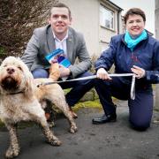 Scottish Conservative leader Douglas Ross and former leader Ruth Davidson, with Hamish the dog, on the campaign trail in Davidson Mains, Edinburgh, for the Scottish Conservatives ahead of the local government elections. Picture date: Wednesday April 13,