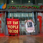 Trade unionists and activists from across Scotland pictured protesting outside the Scottish Power headquarters on St Vincent Street, Glasgow