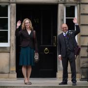 Scottish Greens leaders Lorna Slater and Patrick Harvie on their way to Bute House to sign the agreement in August 2021