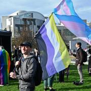 Protesters seeking reform of gender recognition laws demonstrate outside Holyrood as MSPs prepare to debate the Gender Recognition Reform (Scotland) Bill at Stage 1, on October 27, 2022 . Photo by Ken Jack/Getty Images.