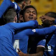Alfredo Morelos of Rangers celebrates with team mates after scoring their side's first goal during the Ladbrokes Scottish Premiership match between Livingston and Rangers at Tony Macaroni Arena on March 03, 2021