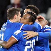 Alfredo Morelos celebrates scoring their side's third goal of the game during the cinch Premiership match at Tynecastle Park
