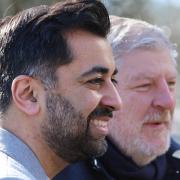 SNP leadership candidate Humza Yousaf with Constitution Secretary Angus Roberston on the campaign trail today at Glasgow University.  Photo Colin Mearns