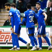Rangers' Antonio Colak (right) celebrates scoring their side's second goal of the game with team-mates during the cinch Premiership match at Easter Road