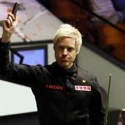 Neil Robertson celebrates his second break of 146 during day two of the Cazoo World Snooker Championship at the Crucible Theatre, Sheffield (Richard Sellers/PA)