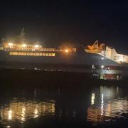 MV Pentalina at the pier in St Margaret’s Hope, Orkney after running aground