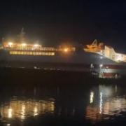 MV Pentalina at the pier in St Margaret’s Hope, Orkney after running aground