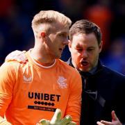 Rangers manager Michael Beale speaks to his goalkeeper Roby McCrorie at Ibrox today