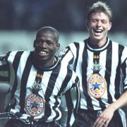 Jon Dahl Tomasson (right) rushed to congratulate hat-trick hero Faustino Asprilla during the 3-2 Champions League victory over Barcelona (Owen Humphreys/PA)